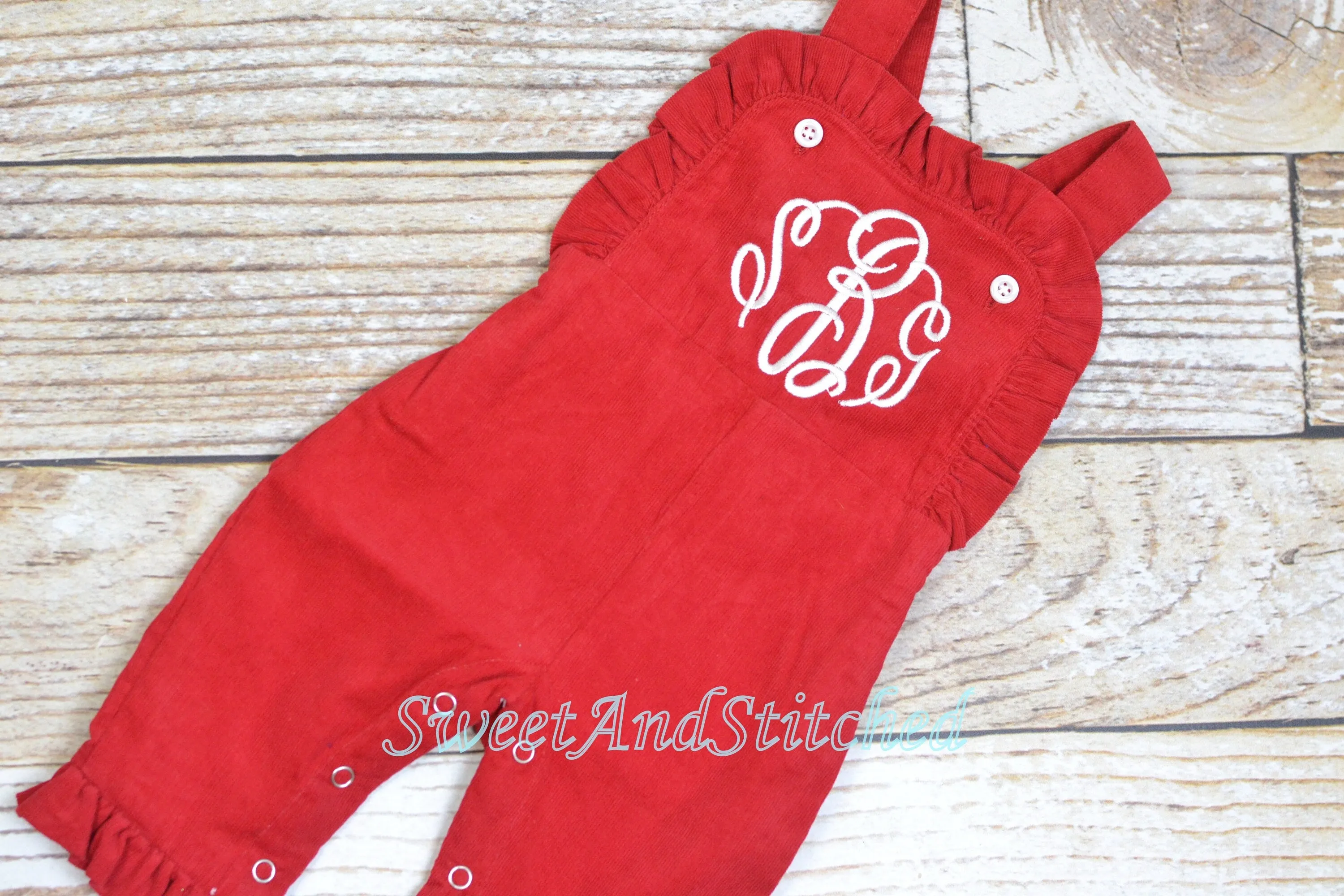 Baby girl monogrammed Christmas outfit, Red Ruffle Christmas overalls, girls Christmas outfit with present or santa design, Santa outfit