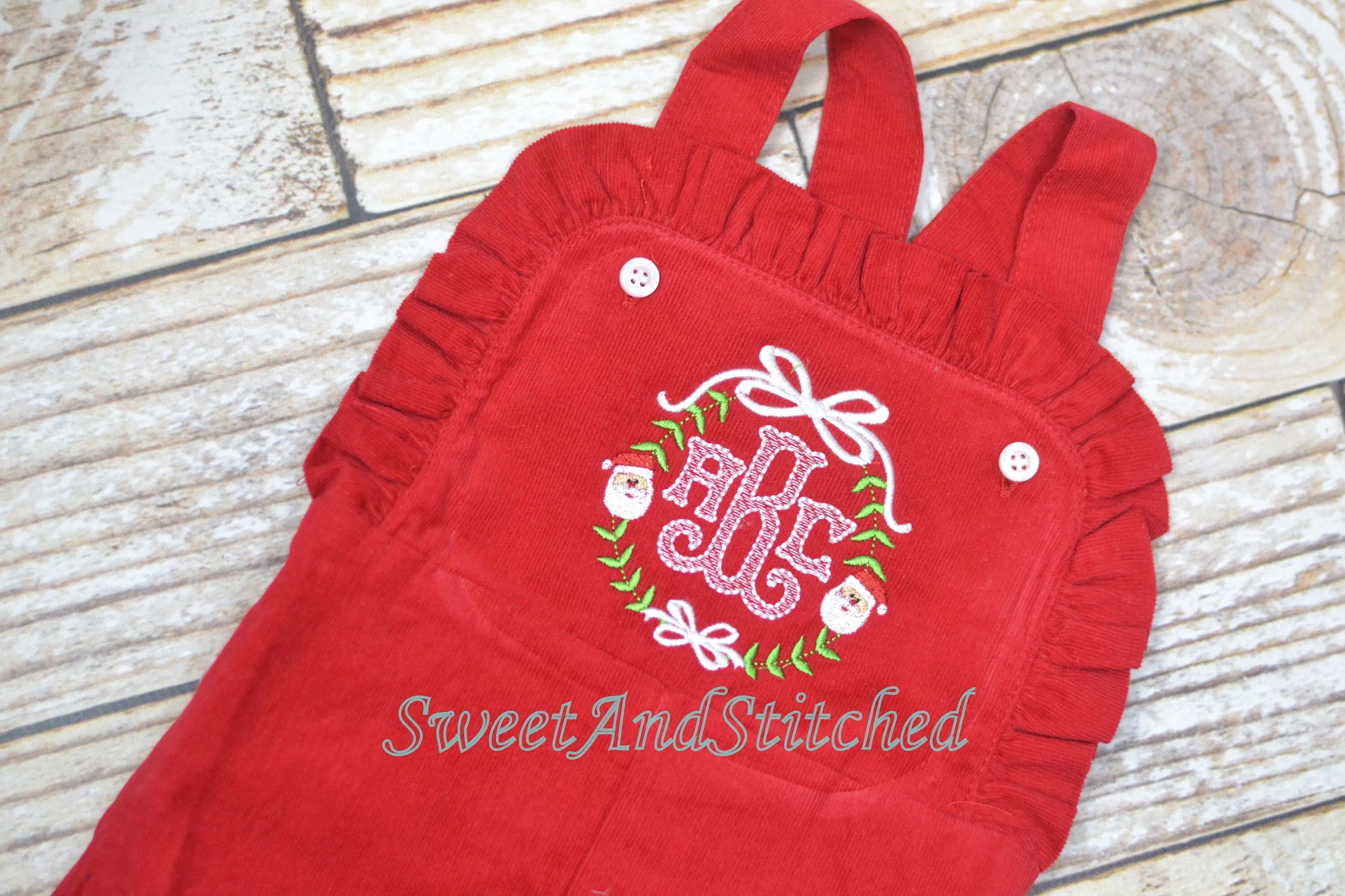 Baby girl monogrammed Christmas outfit, Red Ruffle Christmas overalls, girls Christmas outfit with present or santa design, Santa outfit