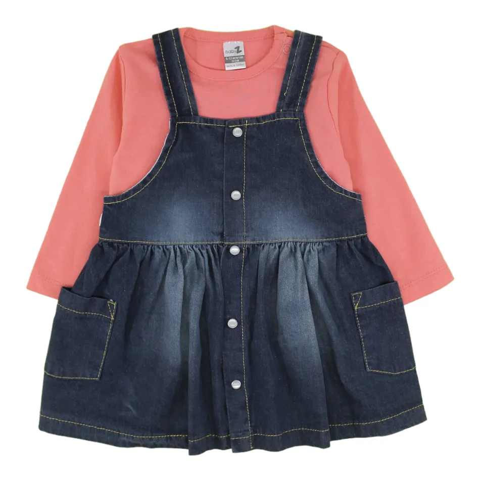 Baby Z Button Down Dungaree Dress With T-Shirt - Peach