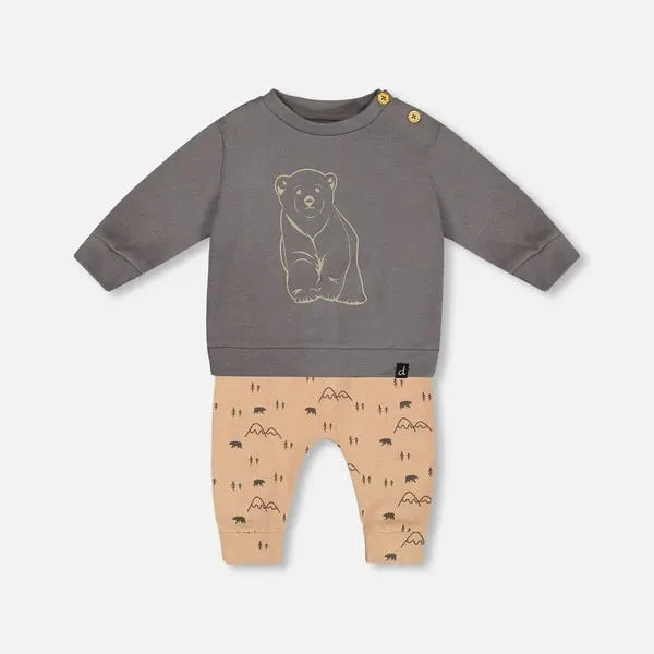 Bear Print Long Sleeve Top & Sand Pants Set