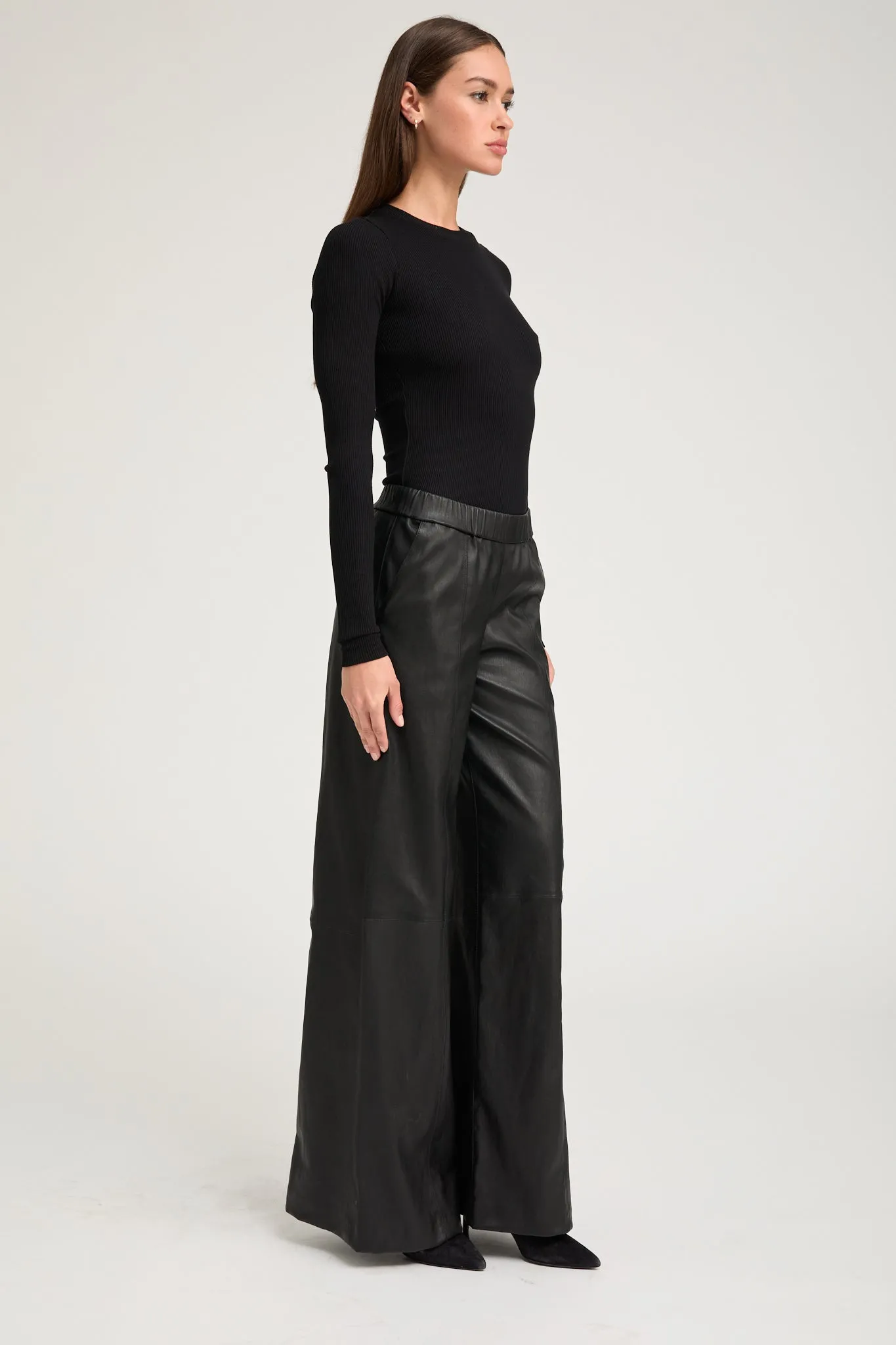 Black Stretch Leather Wide Leg