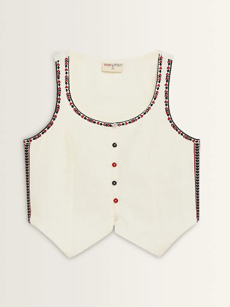 Bombay Paisley Ivory Printed Waistcoat-Style Cotton Top