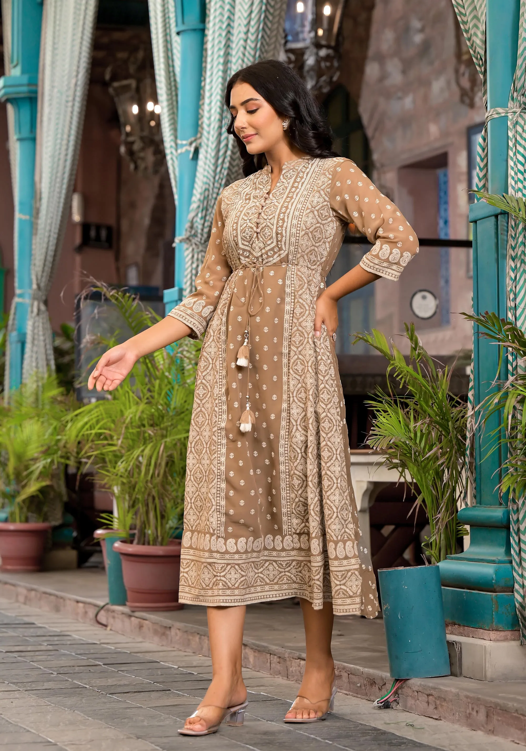 Brown Ethnic Motif Printed Georgette A-Lined Dress With Sequins & Doris