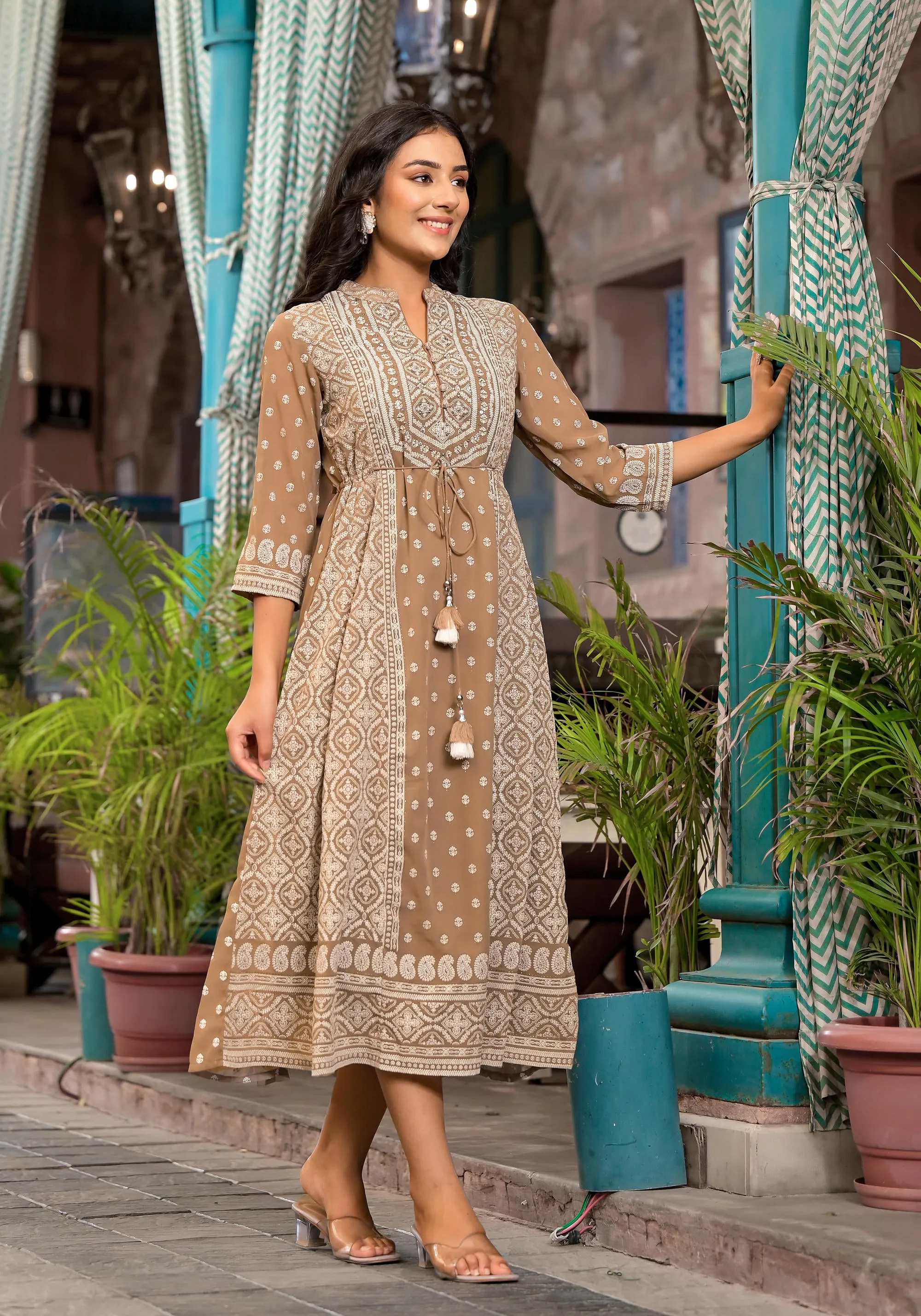 Brown Ethnic Motif Printed Georgette A-Lined Dress With Sequins & Doris