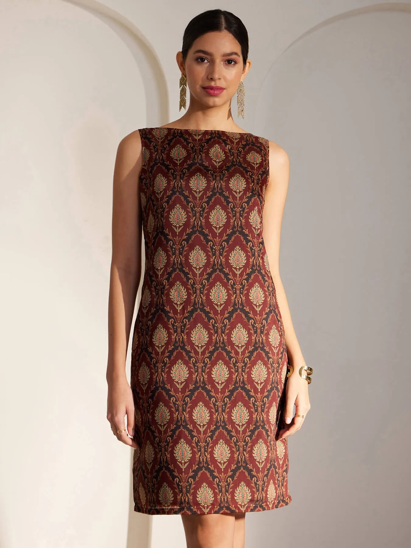 Chanderi Indian Motifs Shift Dress - Maroon