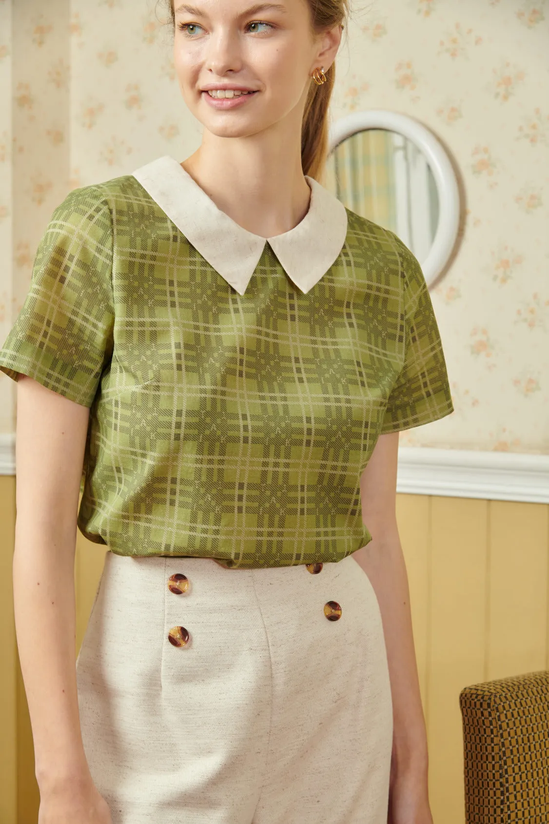 Check Polo Blouse Light Green-TAKTAI