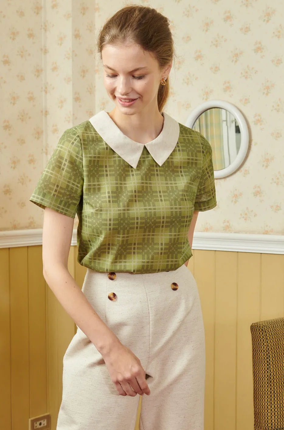 Check Polo Blouse Light Green-TAKTAI