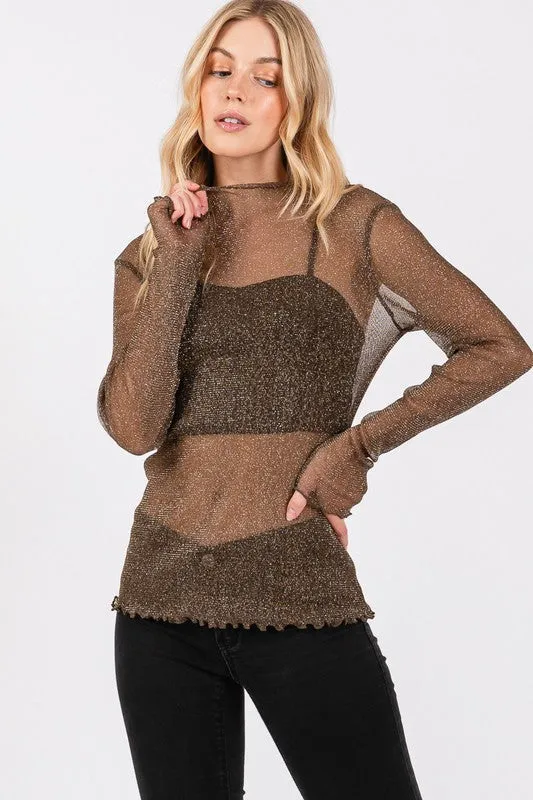 Chocolate Metallic Mesh Long Sleeve Top