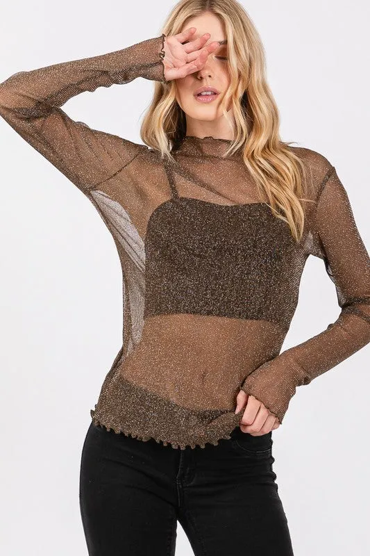 Chocolate Metallic Mesh Long Sleeve Top