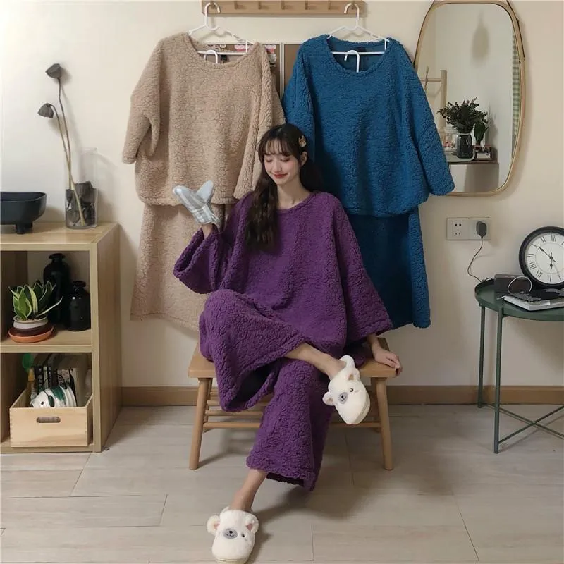 Comfy Solid Colors Sweatshirt   Pants Loose Pajama Set