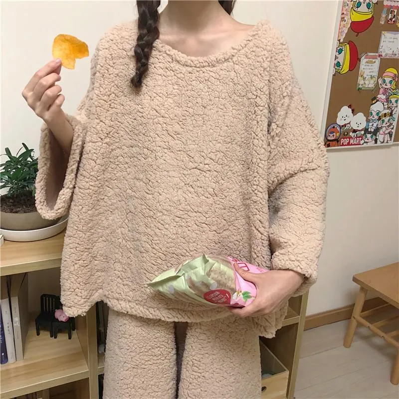 Comfy Solid Colors Sweatshirt   Pants Loose Pajama Set