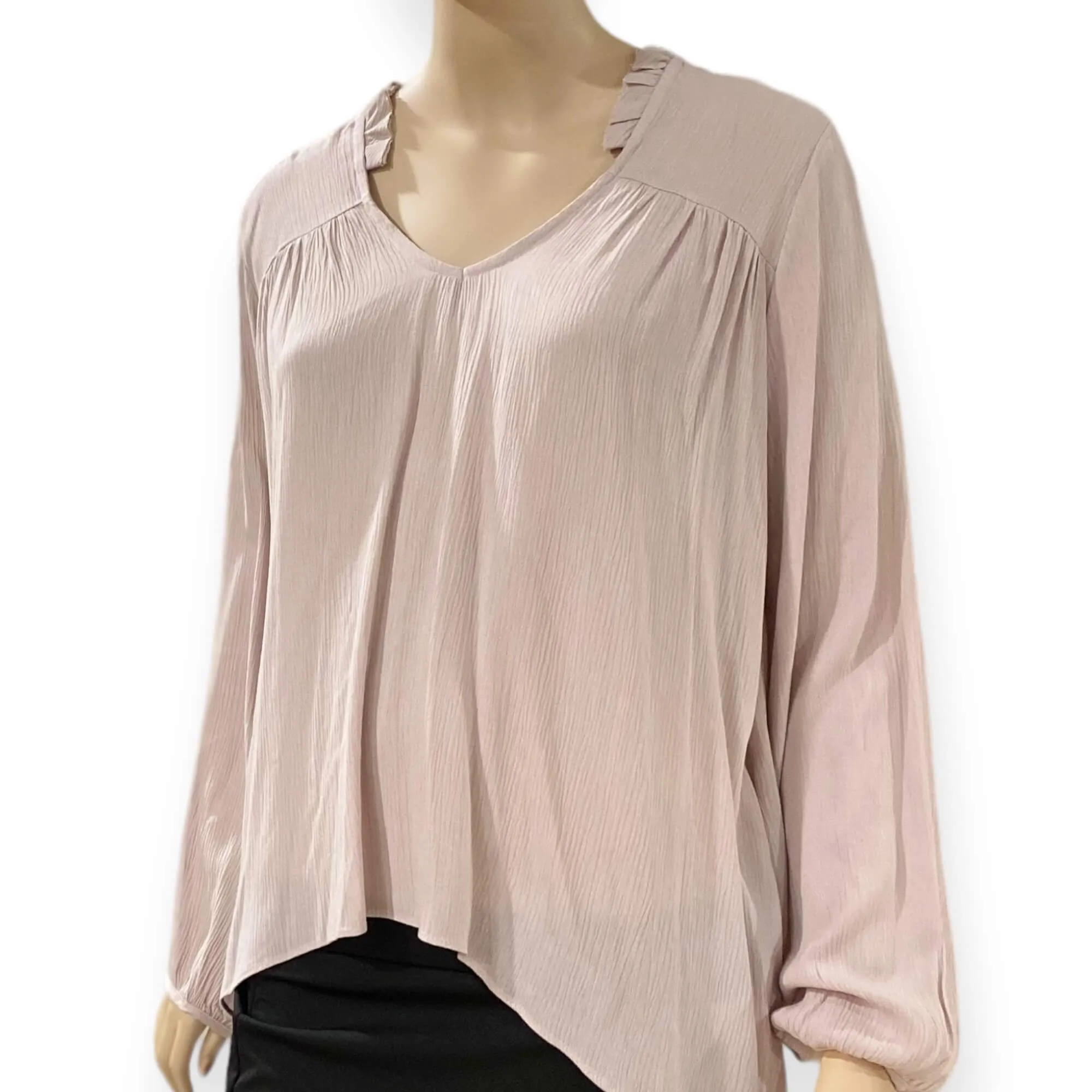 Dusty Rose Frilly V Neck Long Sleeve Blouse