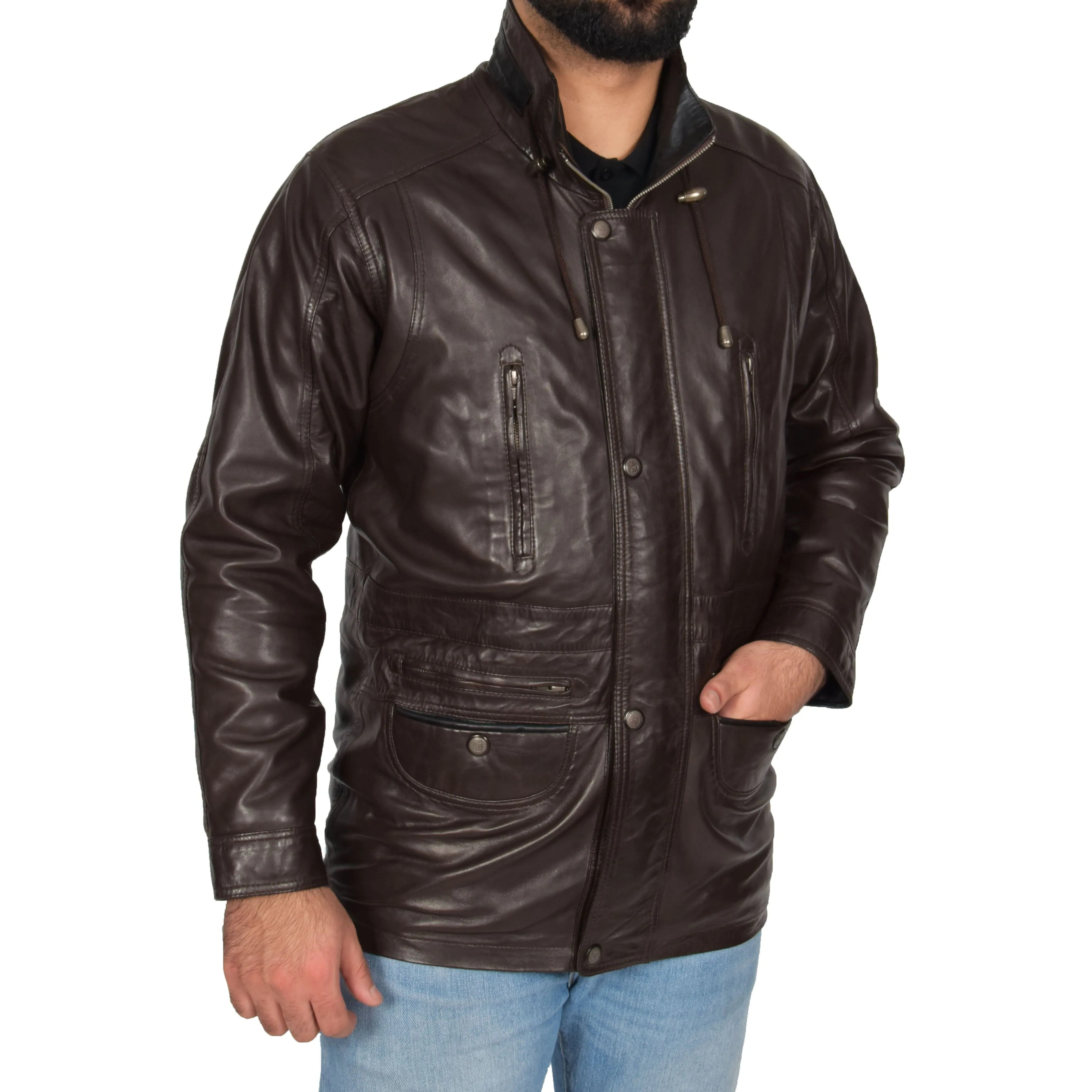 Gents Classic Soft Leather Parka Car Coat Parker Brown