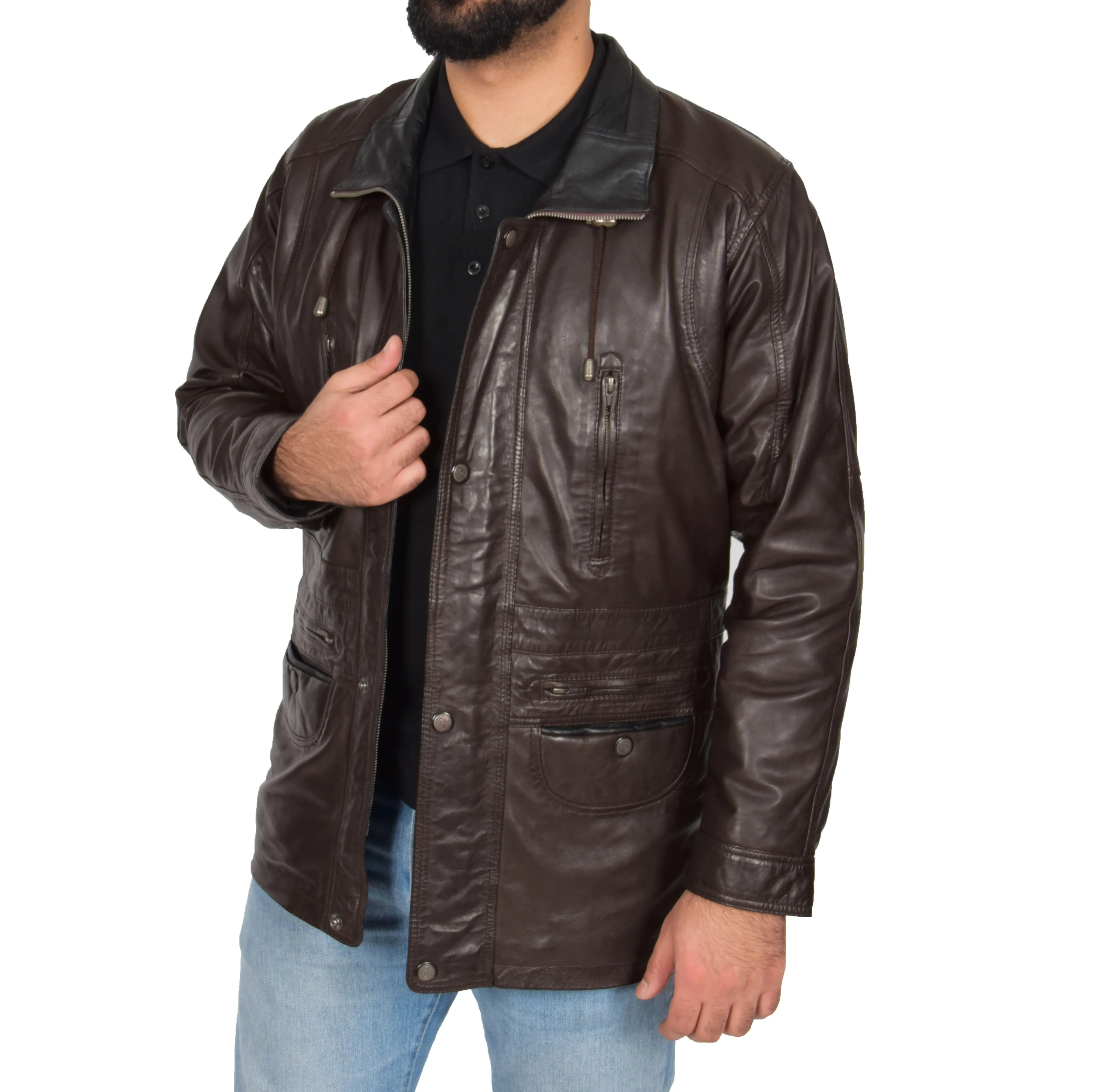 Gents Classic Soft Leather Parka Car Coat Parker Brown