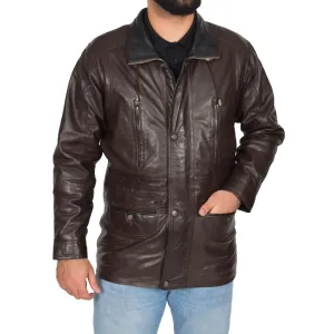 Gents Classic Soft Leather Parka Car Coat Parker Brown