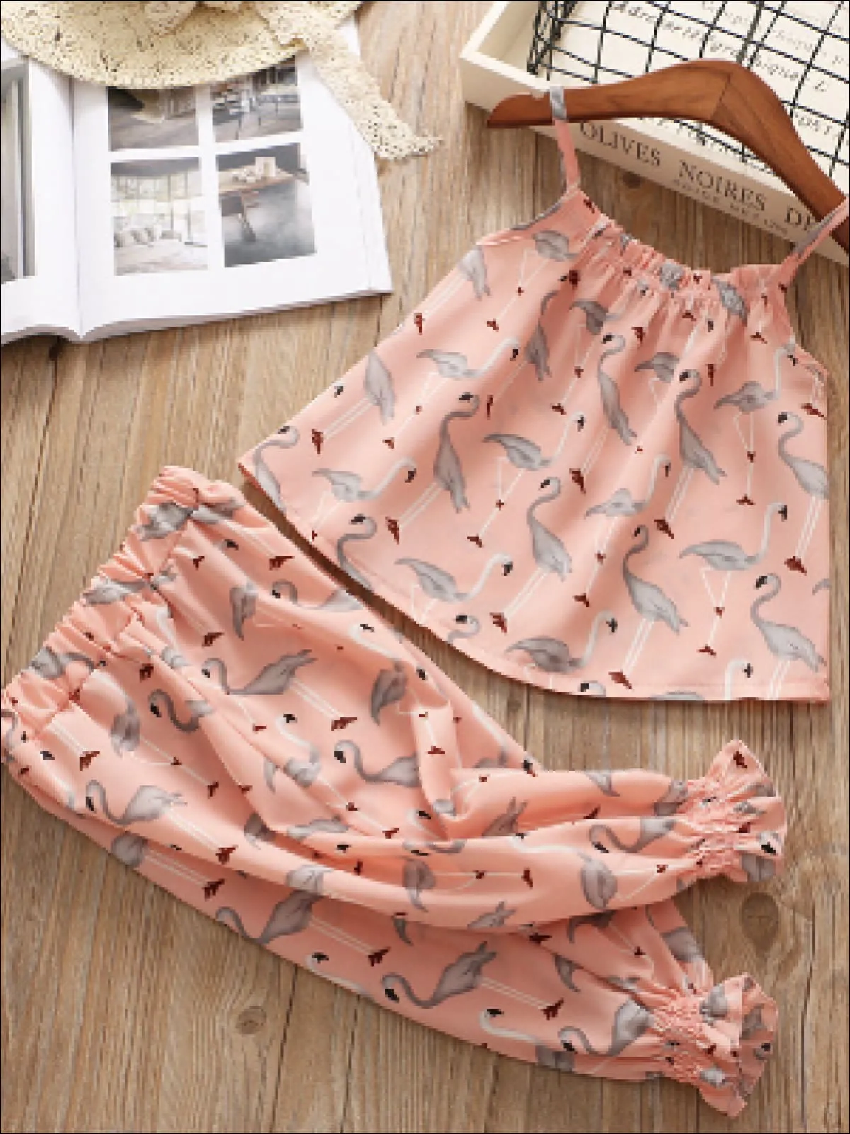 Girls Pink Flamingo Chiffon Top and Pants Set