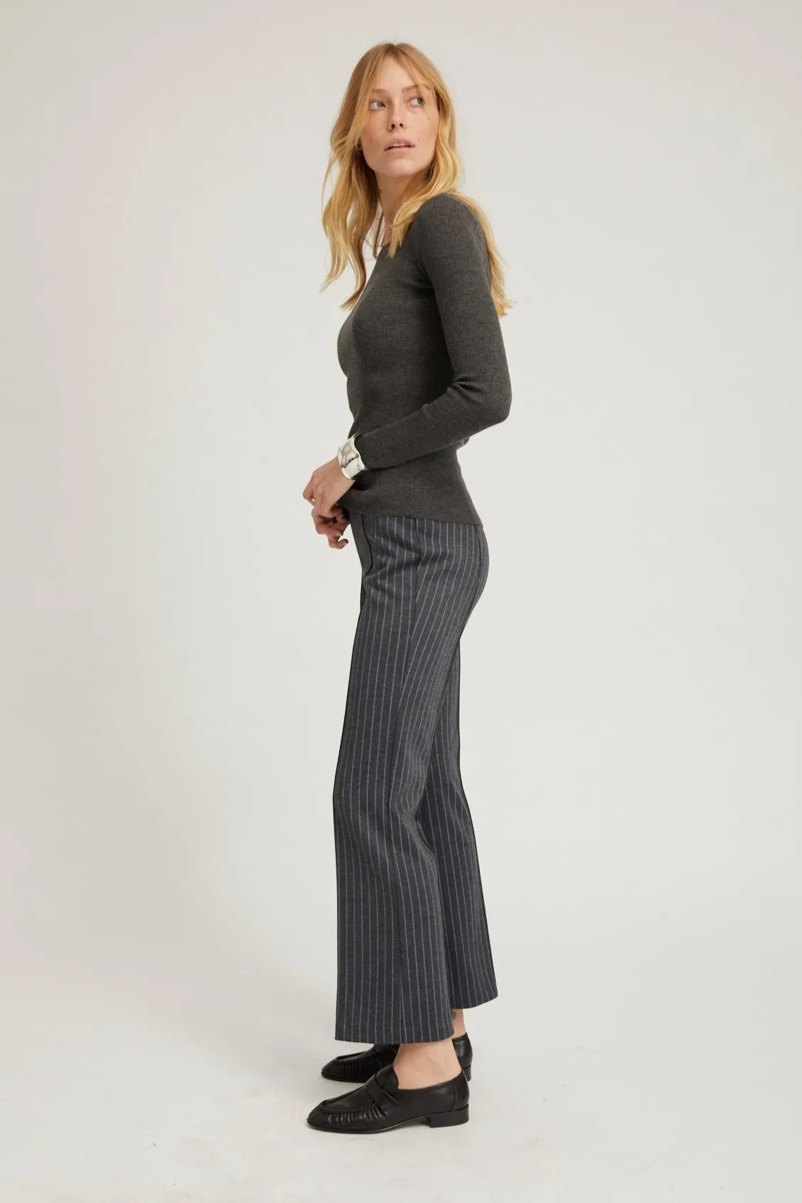 Grey Pinstripe Ankle Flare Pintuck Pants