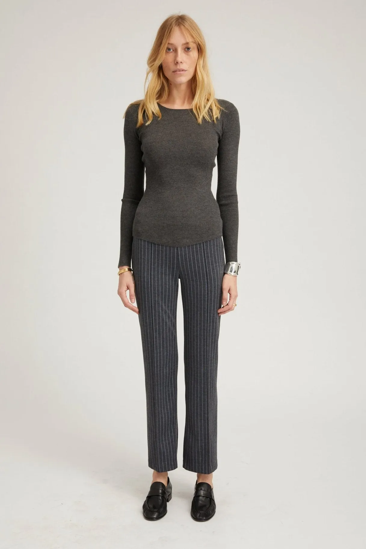 Grey Pinstripe Ankle Flare Pintuck Pants