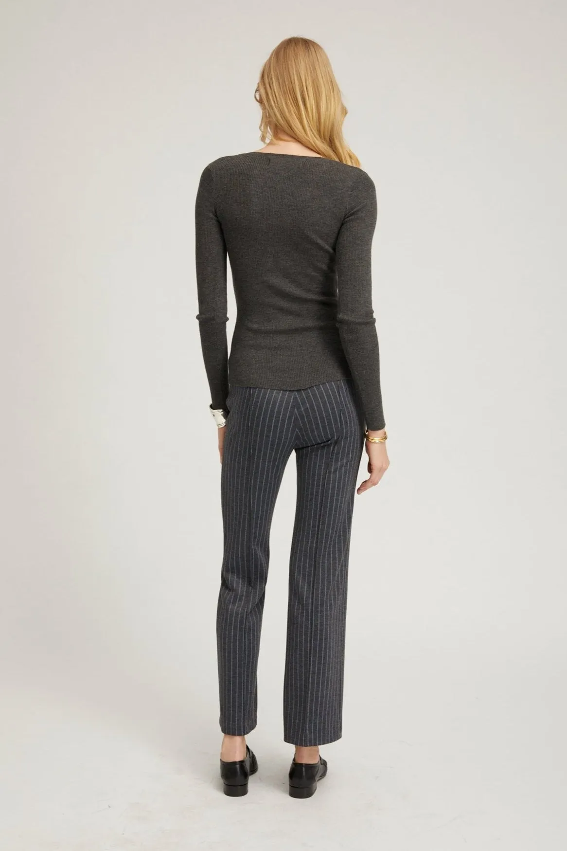 Grey Pinstripe Ankle Flare Pintuck Pants