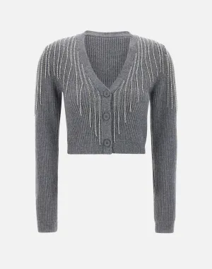 Grey Wool Cardigan with Rhinestones