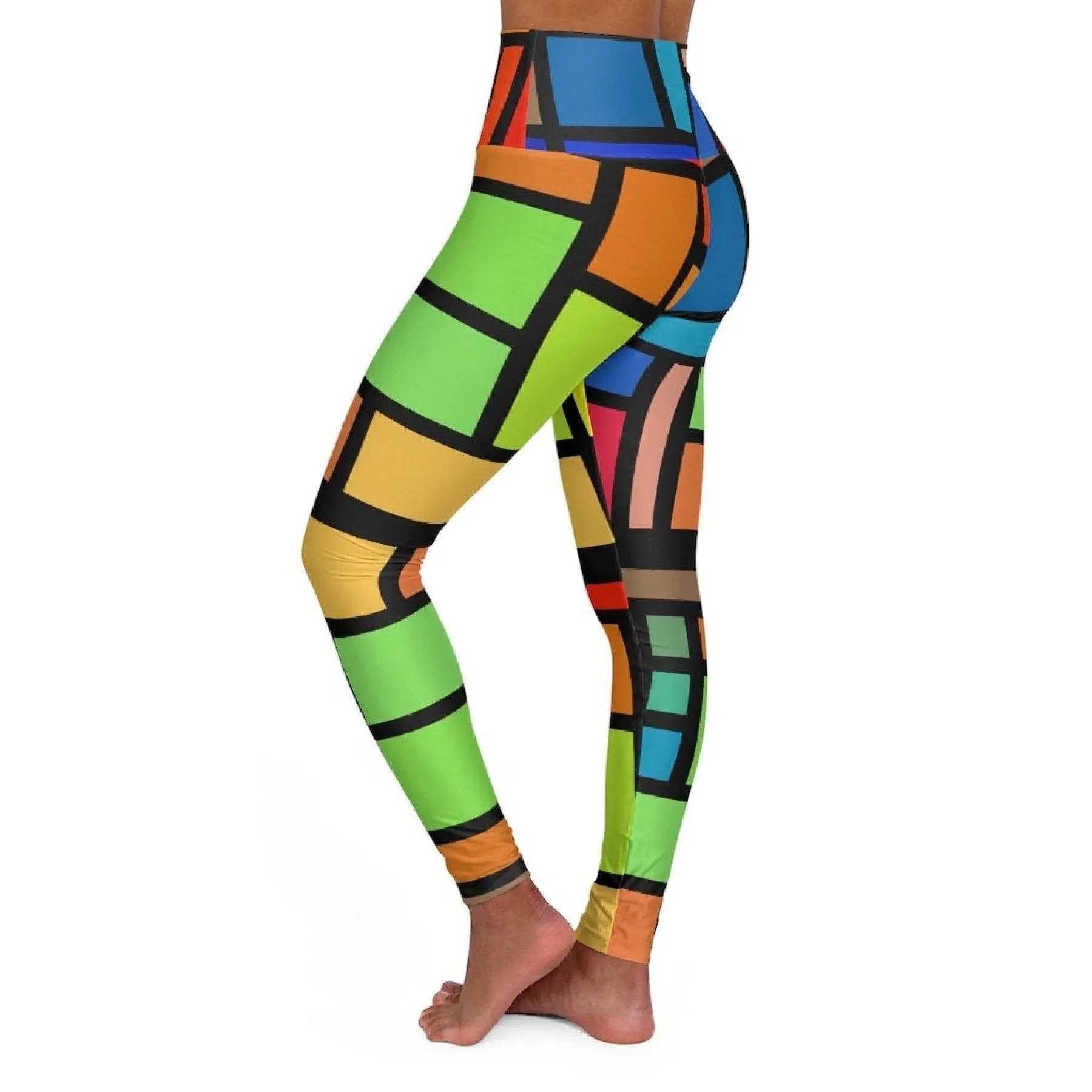 High Waisted Yoga Pants, Multicolor Block And Black Grid Style Sports