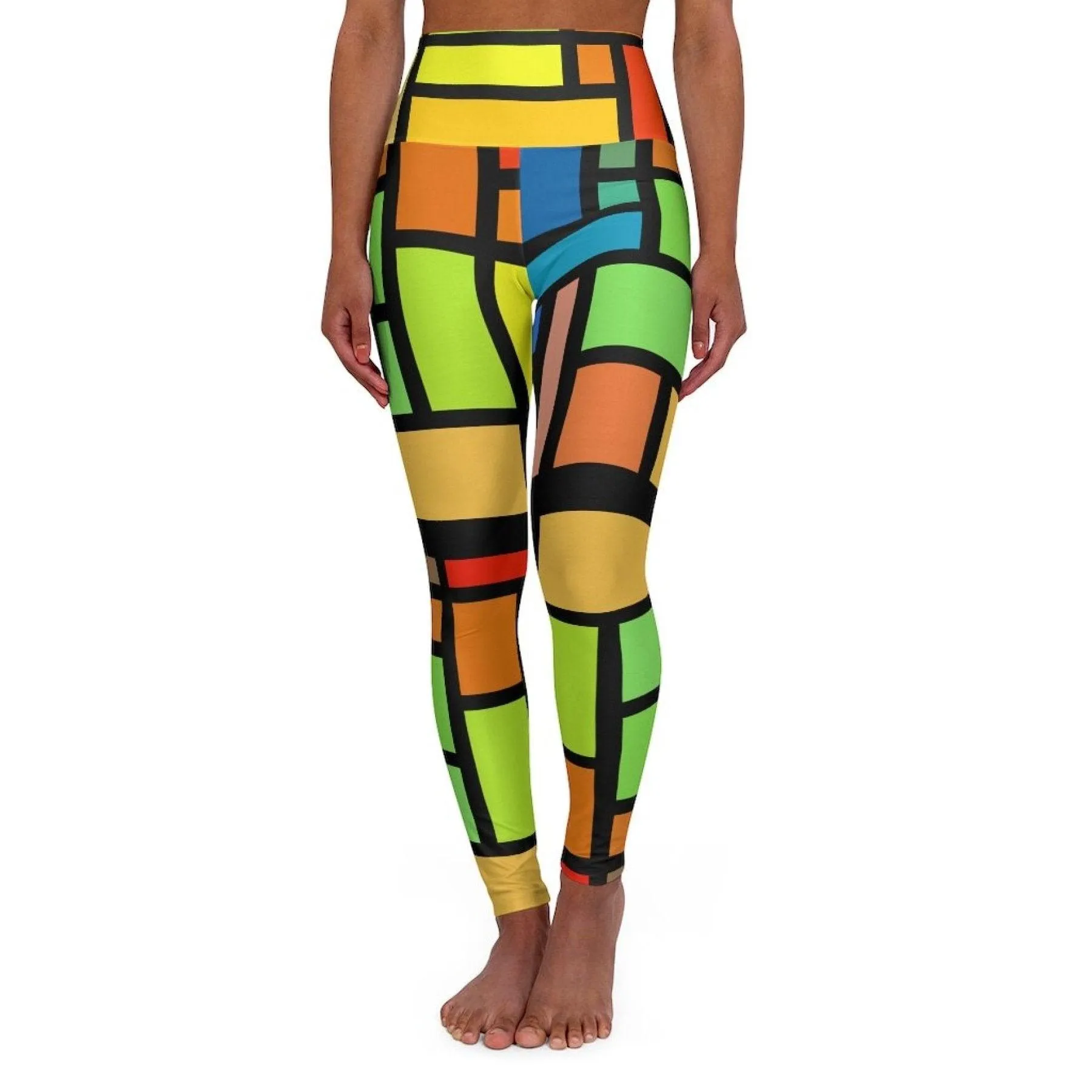 High Waisted Yoga Pants, Multicolor Block And Black Grid Style Sports