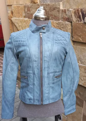 Ice Blue Vintage Leather Jacket For Women Genuine Leather