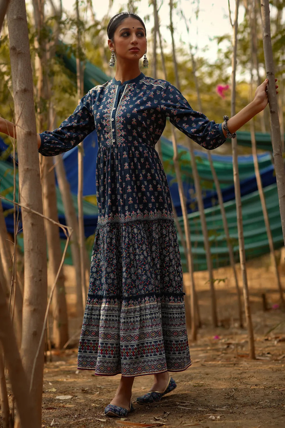 Jashvi Indigo Ethnic Motif Printed Pure Cotton Tiered Maxi Dress.