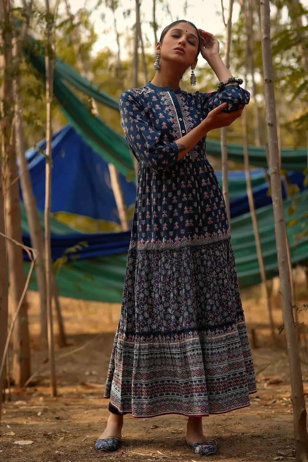 Jashvi Indigo Ethnic Motif Printed Pure Cotton Tiered Maxi Dress.