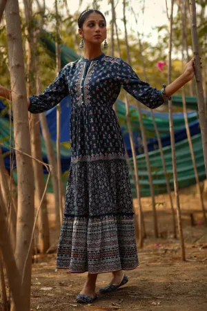 Jashvi Indigo Ethnic Motif Printed Pure Cotton Tiered Maxi Dress.