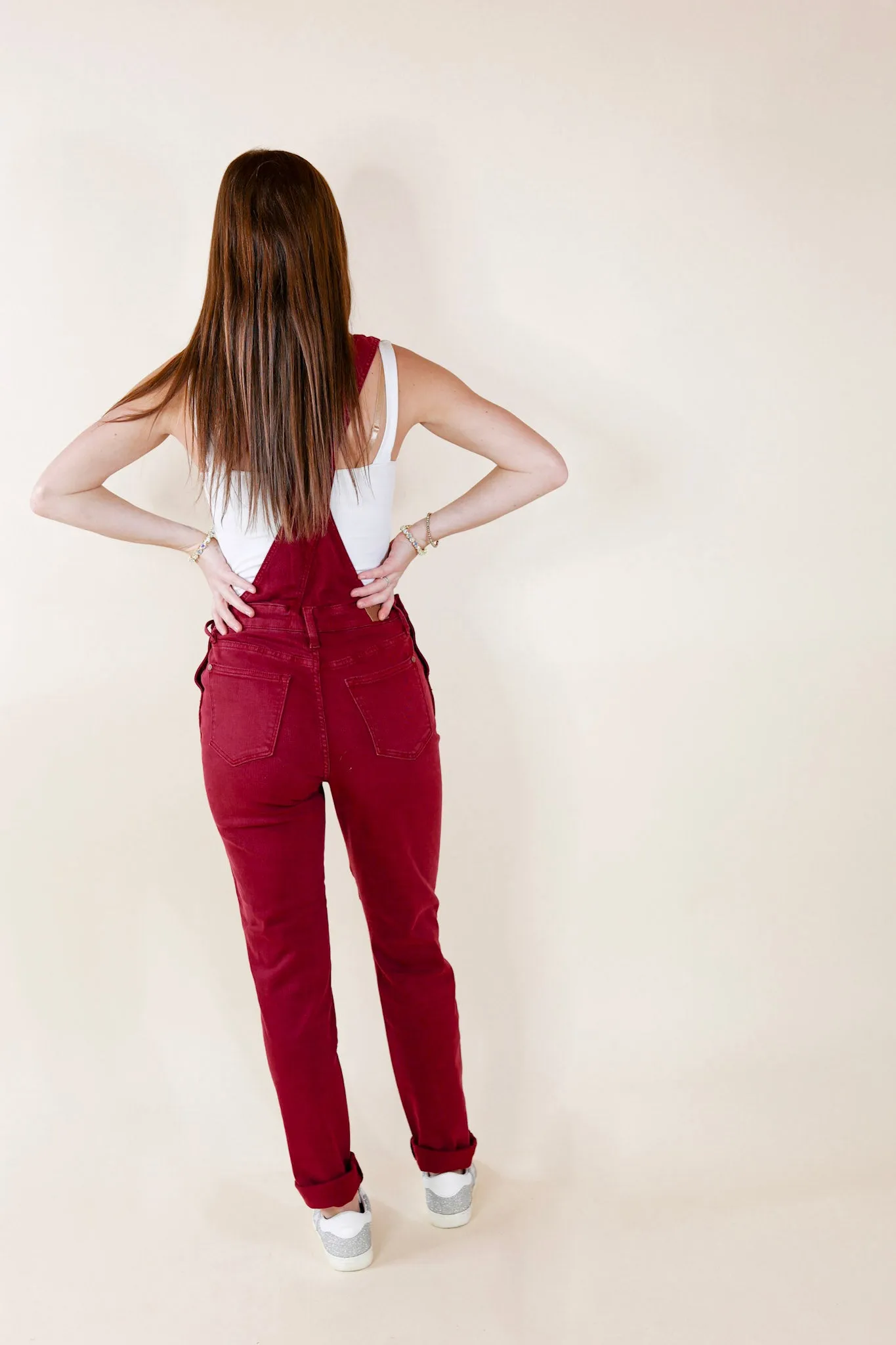 Judy Blue | Start The Bonfire Denim Garment Dyed Overalls in Maroon