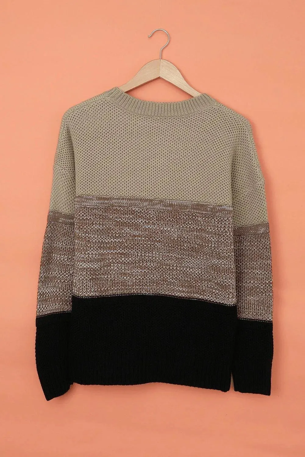 Khaki Color Block Netted Texture Pullover Sweater