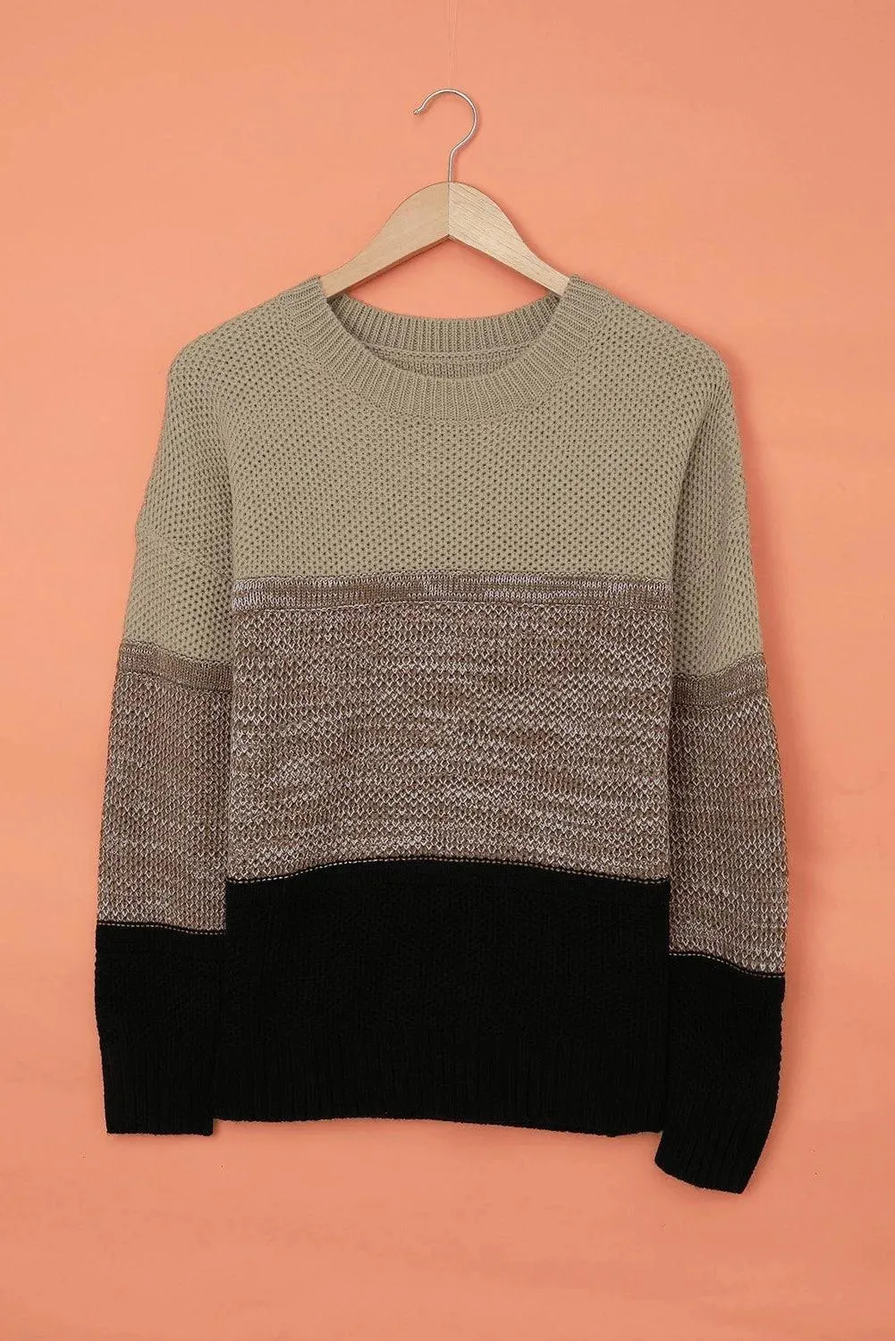 Khaki Color Block Netted Texture Pullover Sweater