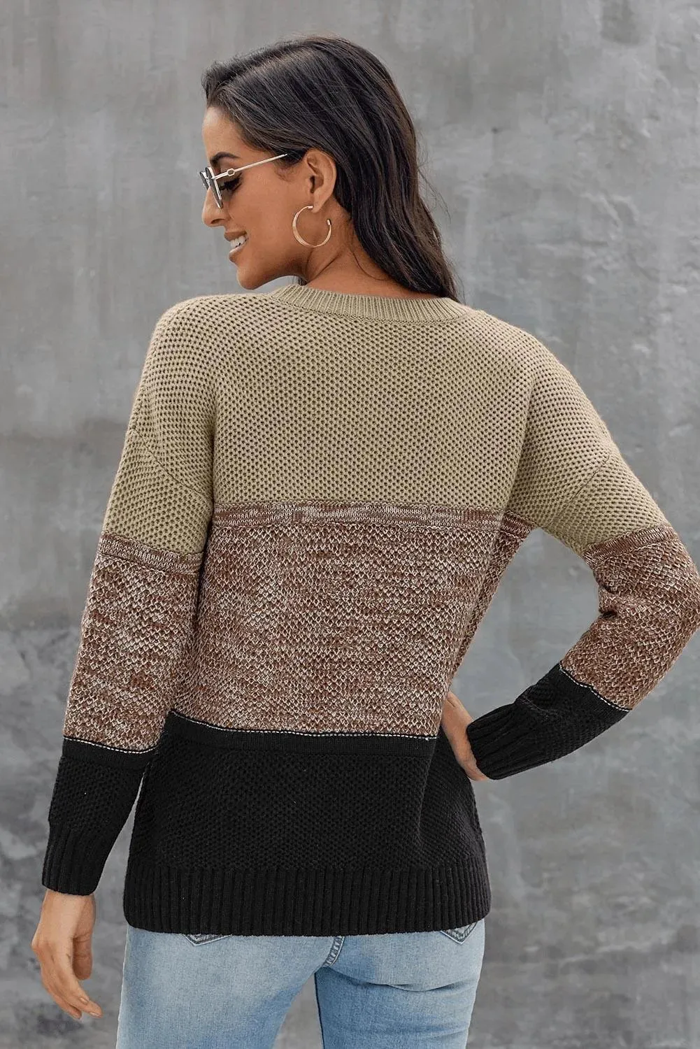 Khaki Color Block Netted Texture Pullover Sweater