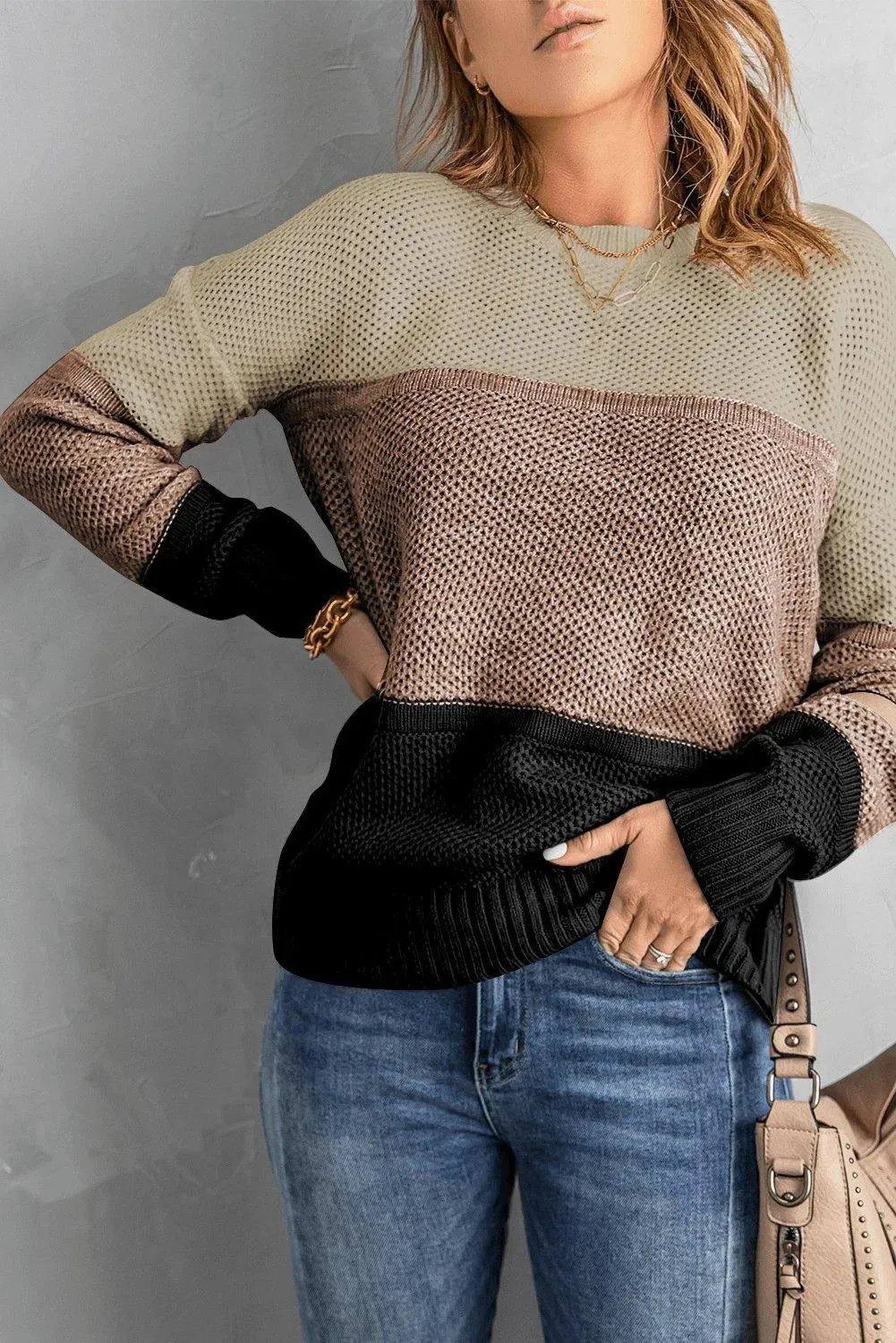 Khaki Color Block Netted Texture Pullover Sweater