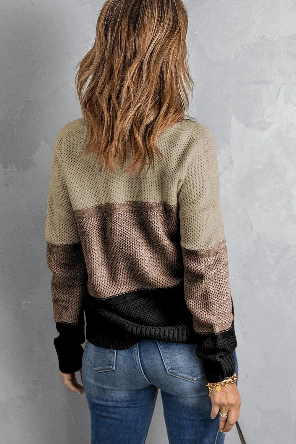 Khaki Color Block Netted Texture Pullover Sweater