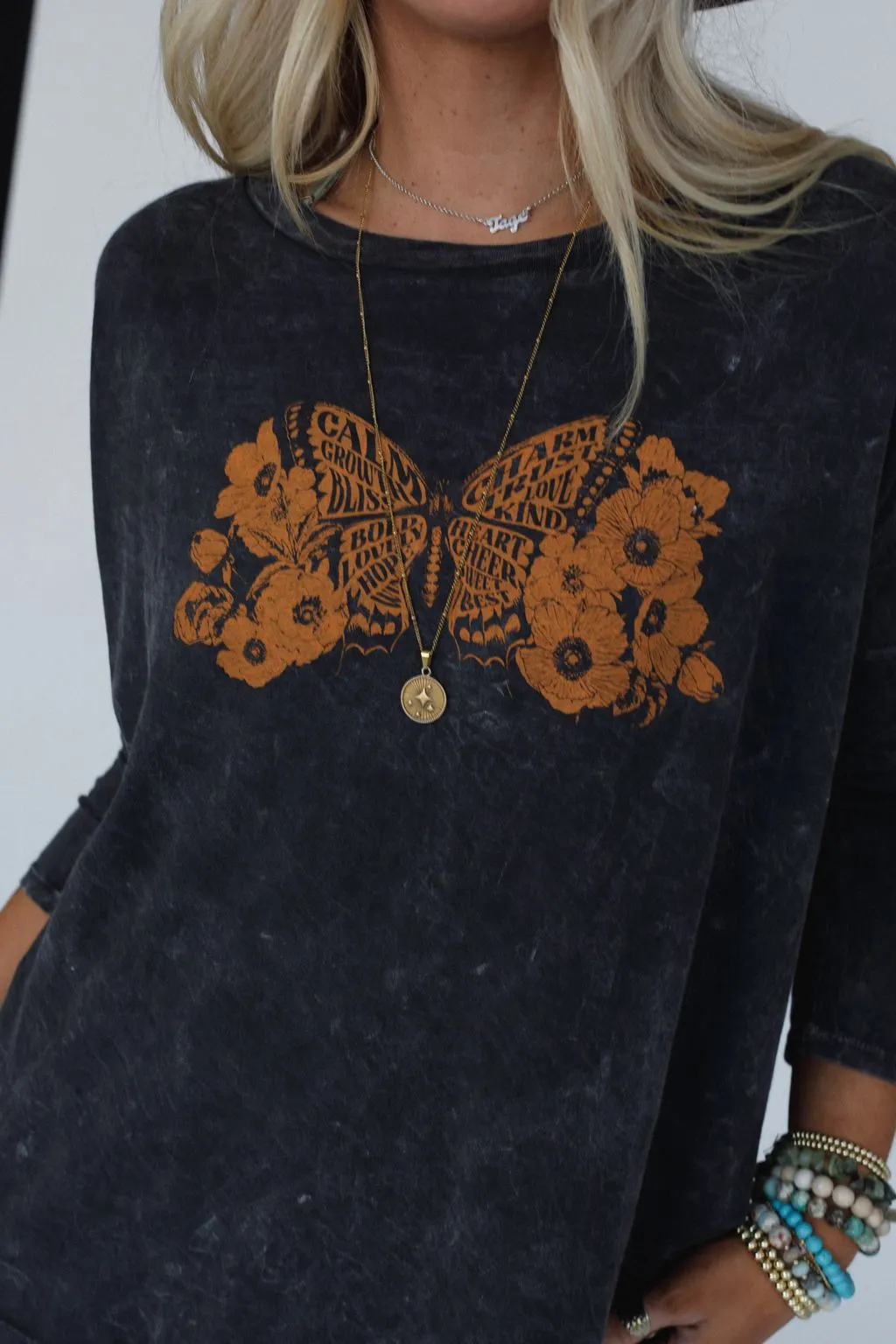 Like A Butterfly Graphic Top - Charcoal