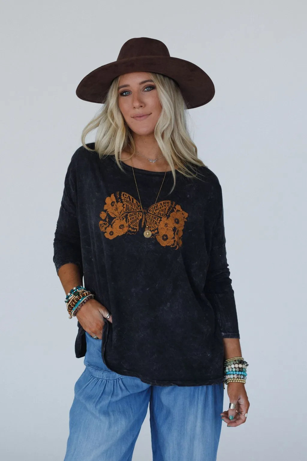 Like A Butterfly Graphic Top - Charcoal