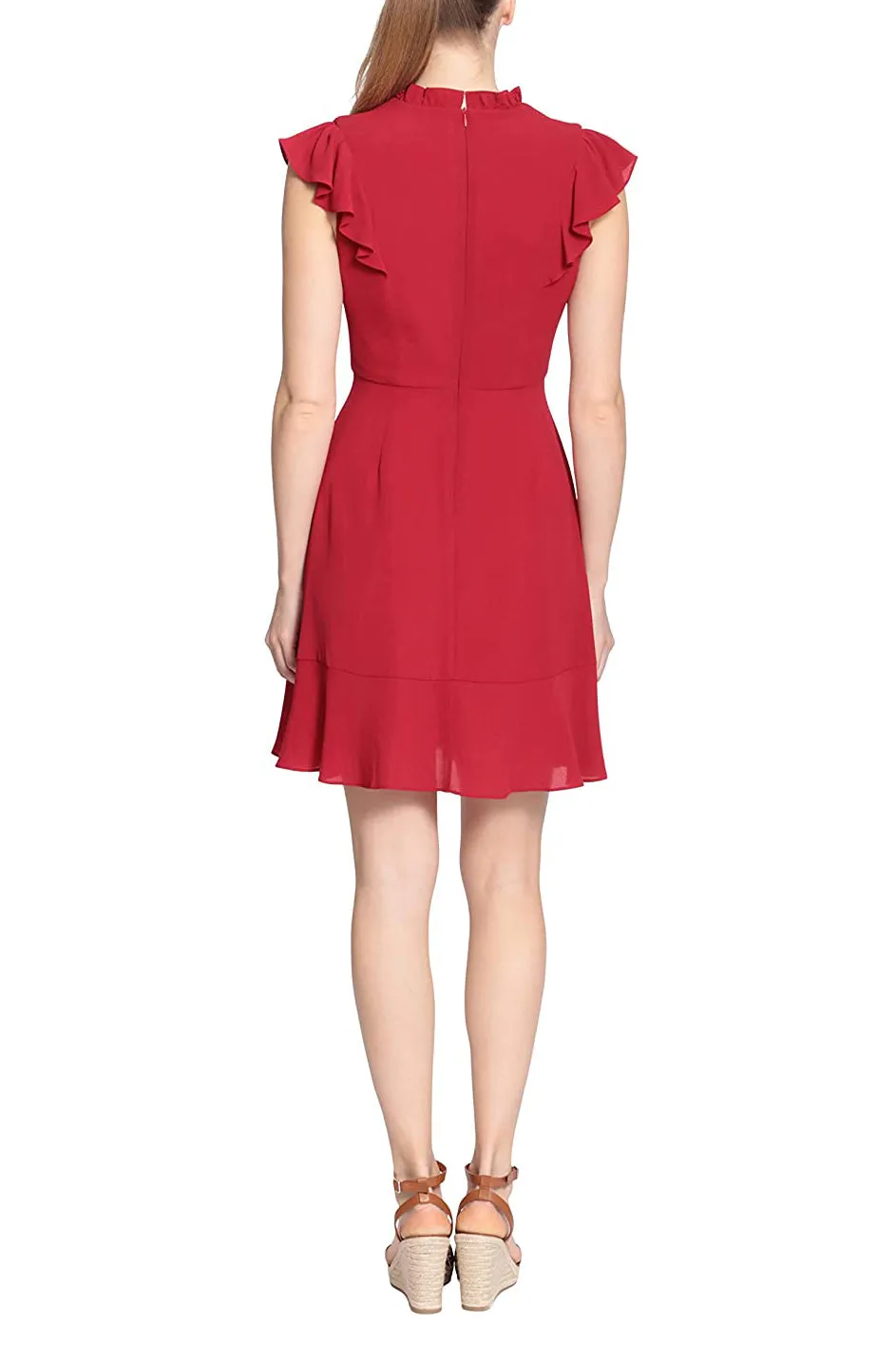 London Times V Neck Ruffle Short Sleeves Back Zipper Short Crepe Dress