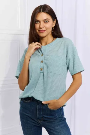 Made For You Full Size 1/4 Button Down Waffle Top in Blue