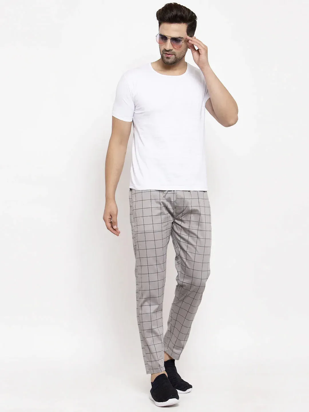 Men'S Grey Checked Cotton Track Pants