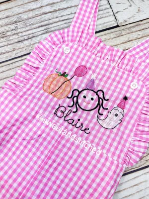 Monogrammed baby girl Birthday overalls with halloween trio in pink gingham, ghost birthday outfit, spooky one cake smash birthday outfit