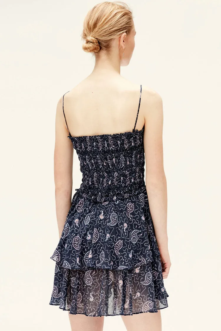 Paisley Floral Tiered Ruffle French Slip Mini Dress - Navy Blue