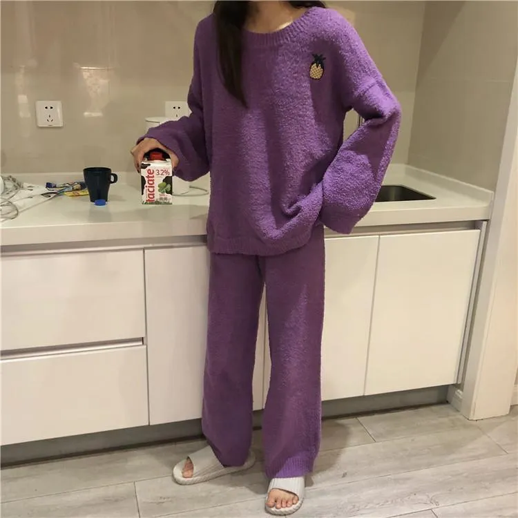 Plush Comfy Cute Embroideries Pajama Suit