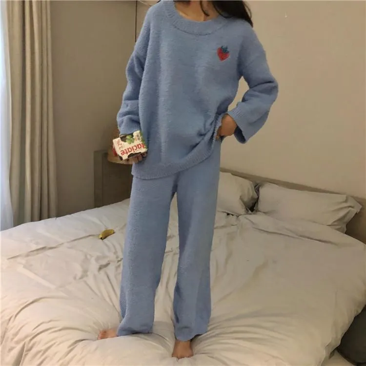 Plush Comfy Cute Embroideries Pajama Suit