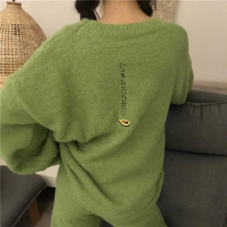 Plush Comfy Cute Embroideries Pajama Suit