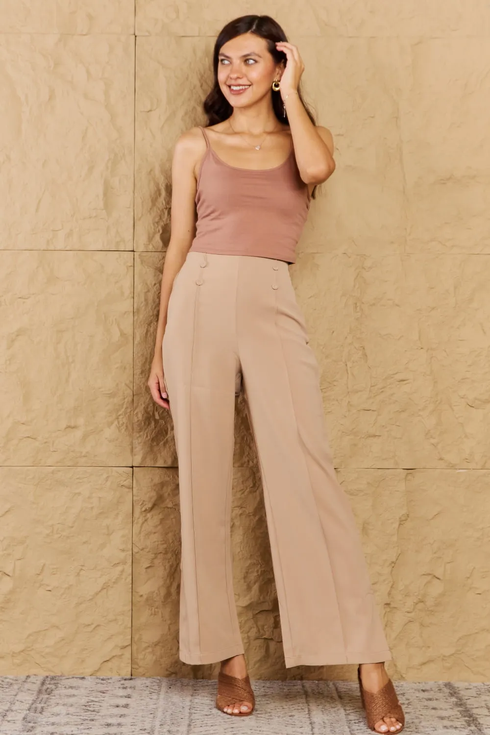 Pretty Pleased High Waist Pintuck Straight Leg Pants in Camel