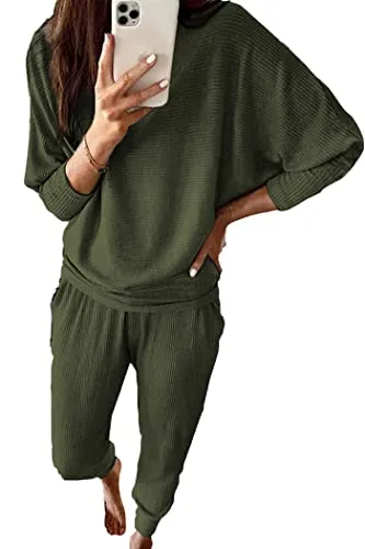 PRETTYGARDEN Women's 2023 Fall Fashion Outfits 2 Piece Sweatsuit Solid Color Long Sleeve Pullover Long Pants (Grey Blue,X-Large)