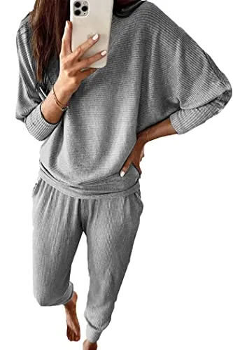 PRETTYGARDEN Women's 2023 Fall Fashion Outfits 2 Piece Sweatsuit Solid Color Long Sleeve Pullover Long Pants (Grey Blue,X-Large)