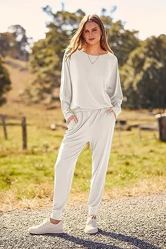 PRETTYGARDEN Women's 2023 Fall Fashion Outfits 2 Piece Sweatsuit Solid Color Long Sleeve Pullover Long Pants (Grey Blue,X-Large)